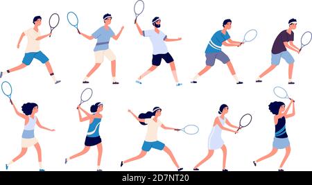 Tennis players. Man and woman holding racket and hitting ball playing tennis. Isolated cartoon vector characters set. Illustration of player tennis with racket, play sport activity Stock Vector