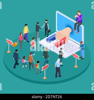 Isometric promotion vector concept. Marketing and advertising, attracting people. Isometric marketing promotion, people magnet to content illustration Stock Vector