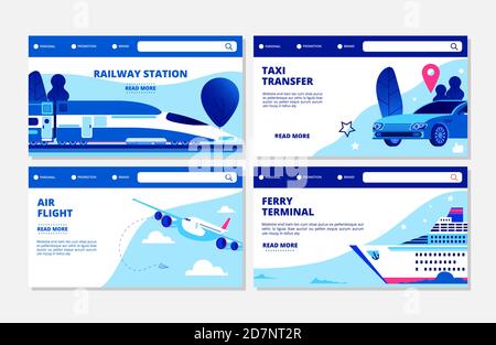 Transportation vector banners. Ferry terminal, air flight, taxi, railway station landing page collection. Illustration travel transportation, ferry terminal, air plane Stock Vector