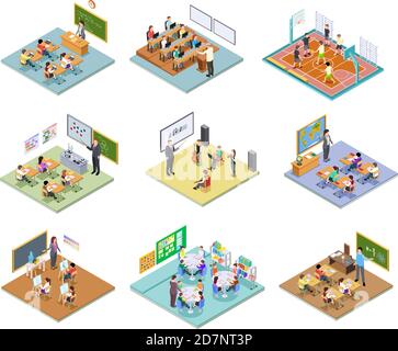 School rooms isometric. Library dining room lecture classroom gym sports hall toilet college university interior furniture 3d vector. Illustration education school room isometric, university interior Stock Vector