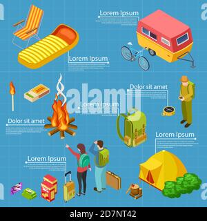 Tourism, camping isometric vector info banner template. Illustration of tourism and trekking, hiking and bonfire Stock Vector