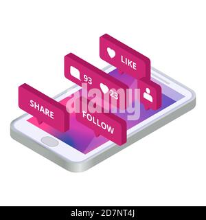 Communication, social media app vector concept 3d. Smartphone application social media notification illustration Stock Vector