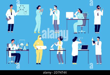 Scientists characters. People in white lab coat, chemical researcher with laboratory clinical equipment. Isolated cartoon vector set. Illustration research scientist, man in laboratory with equipment Stock Vector