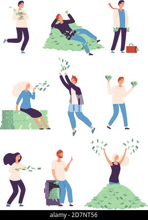 Wealthy people. Rich happy persons with money dollars gold coins, lucky rich man and woman millionaire vector isolated flat characters. Illustration of man and woman happy with a lot of money Stock Vector