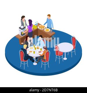 Business people on a coffee break isometric vector illustration. Business breakfast drink coffee and eat food Stock Vector