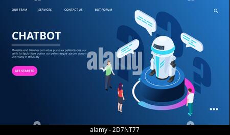Chatbot landing page. Isometric AI robot with people. Artificial intelligence vector web banner. Illustration of online help, isometry cyborg digital Stock Vector