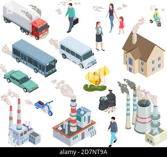 Air pollution. Chemical pollutants vehicle polluted air people acid radioactive oil rain and plant pollutions isometric 3d vector set. Illustration of rubbish and harm from chimney smog Stock Vector