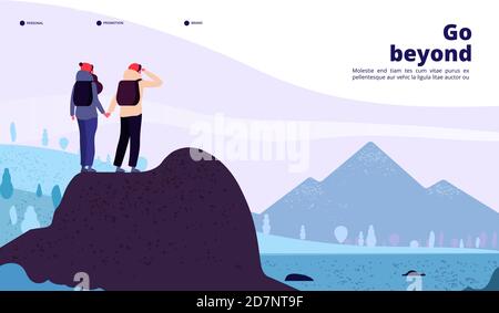 Outdoor adventure landing. Couple with backpack climbing mountain looking new horizon. Healthy lifestyle tourism web vector page. Illustration of adventure hiking, man tourist travel trekking Stock Vector