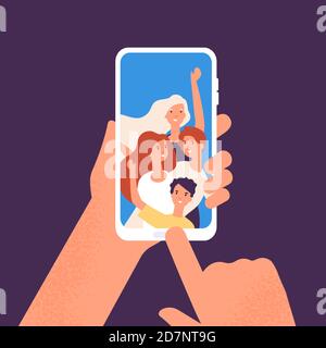 Phone with friends photo. Hands holding smartphone with happy smiling people portraits together. Taking friend selfie vector illustration concept Stock Vector