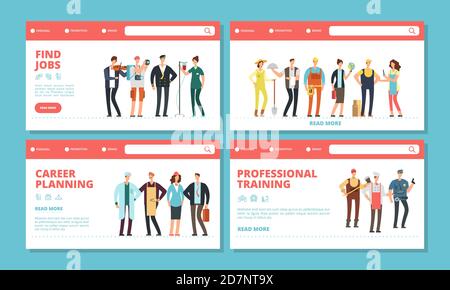 Career landing pages. Find jobs, career planning banners temlpate. Different professions vector characters. Illustration of search work, seek futur and planning career Stock Vector