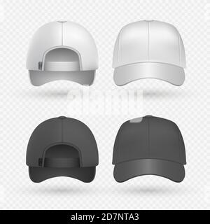 Realistic black and white sport caps isolated on transparent background. Baseball hat design templates vector illustration Stock Vector