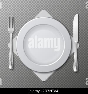 Realistic plate, cutlery vector. Table setting with white plate, fork and knife isolated on transparent background. Knife and fork for lunch or dinner, cutlery and utensil illustration Stock Vector