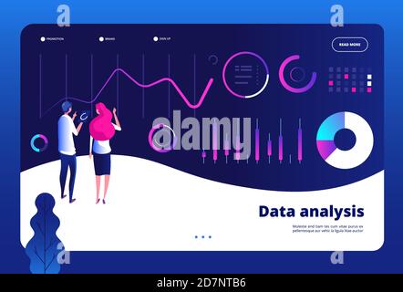 Data analysis landing. Big data digital center interactive statistics engine office marketing professional analyst financial vector. Illustration of chart and financial report analysis Stock Vector