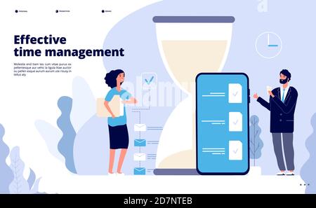 Time management landing. Effective business planning, successful teamwork solution. Calendar, perfect scheduling app vector web page. Illustration business planning, effective productive, optimization Stock Vector