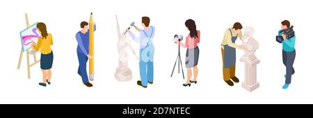 Isometric creative people vector. Artists, designer, videographer, sculptor isolated on white background. Sculptor work, people drawing, art hobby illustration Stock Vector