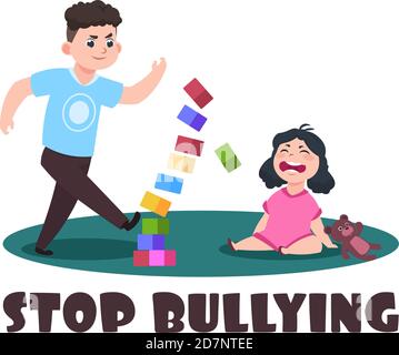 Angry kids. Bad boy and crying little girl. Stop bullying vector illustration. Bully boy has conflict with crying girl Stock Vector