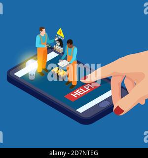 Mobile app electrician services isometric vector concept. Illustration of equipment and worker repair electrical Stock Vector