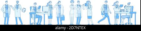 Doctor characters. Doctors talking meeting working on computer laptop. Medical people hospital. Medical education line vector concept. Medical character doctor and physician illustration Stock Vector