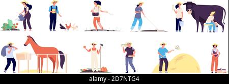 Farmer characters. People agricultural workers with farm animals cow chickens and horse. Farmers planting vegetables. Vector illustration Stock Vector