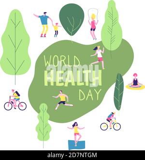 World health day concept. Healthy lifestyle man woman fitness diet fun runner healthcare vector background. Illustration of fitness runner, health run sport Stock Vector