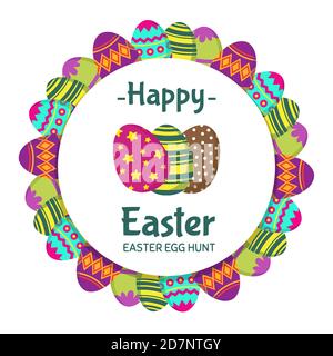 Happy Easter round banner with coloring eggs vector design. Holiday easter banner, greeting and invitation to hunt eggs illustration Stock Vector