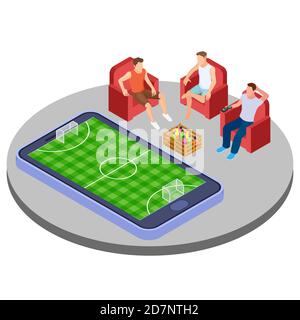 Men with beer watch football online isometric vector illustration. Watch sport match soccer isometric 3d smartphone Stock Vector