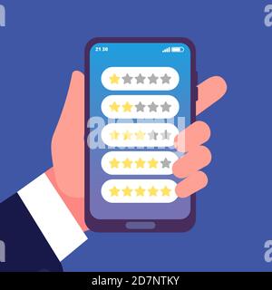 Phone rating scales. Hand holding smartphone, feedback or review stars vector concept. Illustration feedback rating, service evaluation and review Stock Vector
