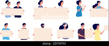 People with placards. Men and women holding blank banners, protesting persons activists demonstrating empty signs vector characters. Illustration protester with placard, protesting woman and man Stock Vector