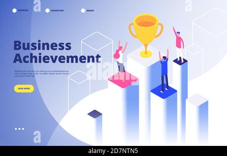 Success team isometric concept. Business triumph achievement corporate mission best award competition winner goal vector background. Illustration of business goal isometric, winner success Stock Vector