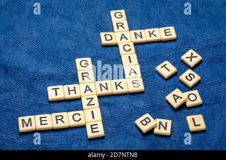 thanks in different languages  crossword in ivory letter tiles against textured paper, communication concept Stock Photo
