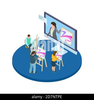 Drawing courses vector concept. Online art education with isometric artists and teacher. Illustration of artist drawing in studio paint, course designing Stock Vector