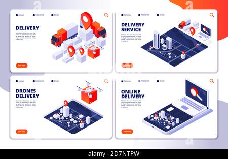 Delivery services vector landing pages of collection. Online delivery service page, retail order illustration Stock Vector