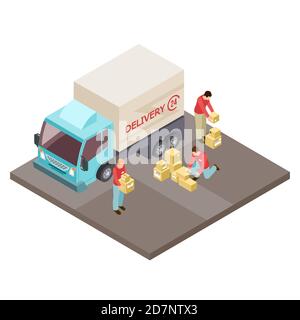 Round the clock delivery service and movers isometric vector concept. Delivery service, truck transport and loader illustration Stock Vector