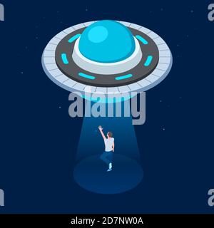 Vector aliens abduct man. UFO flying spaceship isometric design. UFO kidnaps man vector illustration. Kidnapping alien, space imagine sci-fi, flying ufo Stock Vector