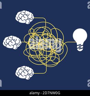 Teamwork, brainstorming, searching for ideas vector concept. Illustration of path way scheme, puzzle and maze to creativity idea Stock Vector