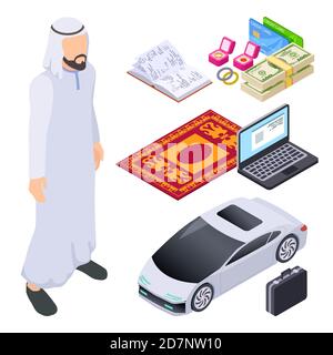 Isometric Muslim, arab man and traditional and modern accessorises vector illustration. Muslim isometric, business man saudi, money and car Stock Vector