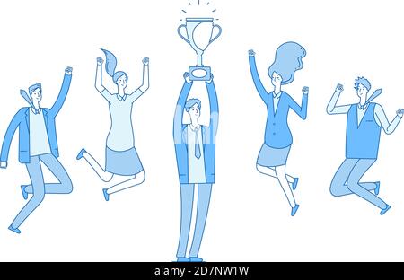 Man with trophy cup. Businessman winner and jumping team best employee rewards business leader winning flat line vector concept. Businessman with trophy, win and victory illustration Stock Vector