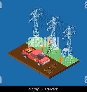 Electrician city services 3d isometric vector composition. Man repair city electricity cable, electric worker and equipment illustration Stock Vector