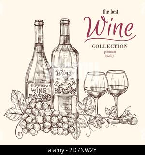 Best wine vector banner template with hand drawn wine bottles, glasses and grape. Illustration of wine glass and bottle, grape alcohol Stock Vector