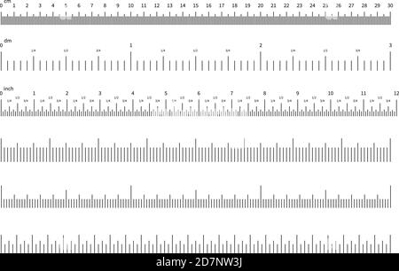 Ruler scale. Inch and cm measuring scales. Horizontal calibration precision size units for rulers and indicators. Vector set of scale ruler, measurement millimeter and centimeter illustration Stock Vector