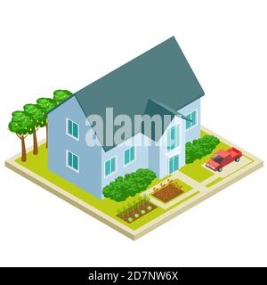 Country house with vegetable and fruit garden isometric vectot design. Isometric country house, farming outdoor, farmland illustration Stock Vector