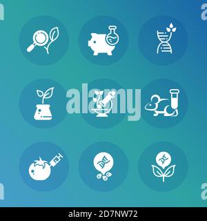 Genetic modification biotechnology and dna research vector icons set. Science research, biotechnology dna icons, genetic and medical illustration Stock Vector