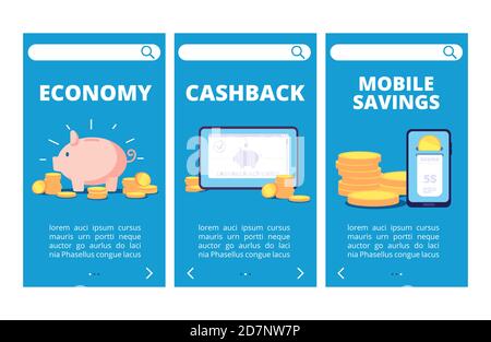 Save money mobile app pages. Banking and savings vector banners. Illustration of business finance, cashback and banking online Stock Vector