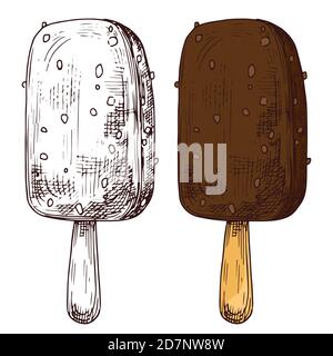 Hand sketched ice cream, black and white and color eskimo isolated on white background. Delicious dessert ice cream, ice-cream eskimo, chocolate on wooden stick illustration Stock Vector