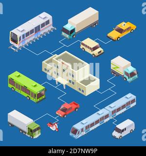 City transport of set vector 3d isometric concept. Set of transport city, car and truck illustration Stock Vector