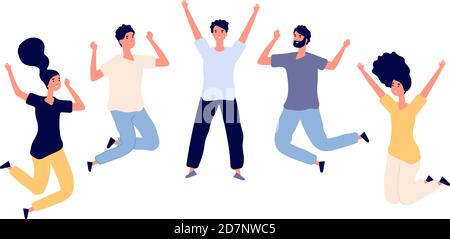 Jumping young happy people. Man and woman teenagers celebrating jump, flying persons in air. Flat vector characters isolated set. People young excited and celebrating, positive success illustration Stock Vector