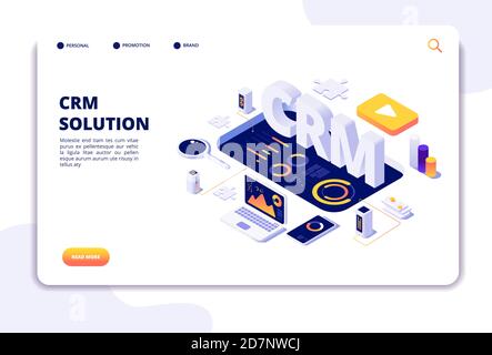 Crm concept. Customer relationship management. Business system solution. Client support landing page. Crm business marketing, management and strategy illustration Stock Vector
