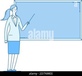 Woman teacher. Young female professor teaching at blackboard in classroom school education vector line flat concept. Education school teacher, woman in classroom shows on chalkboard illustration Stock Vector