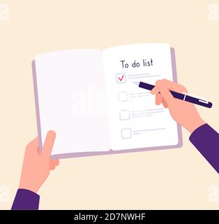 To do list concept. Hands on table writing memo checklist. Complete business plan vector concept. Illustration of checklist reminder in notebook Stock Vector