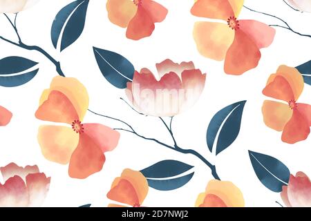 Floral seamless pattern. Delicate pink, orange flowers, blue branches, leaves. Stock Vector